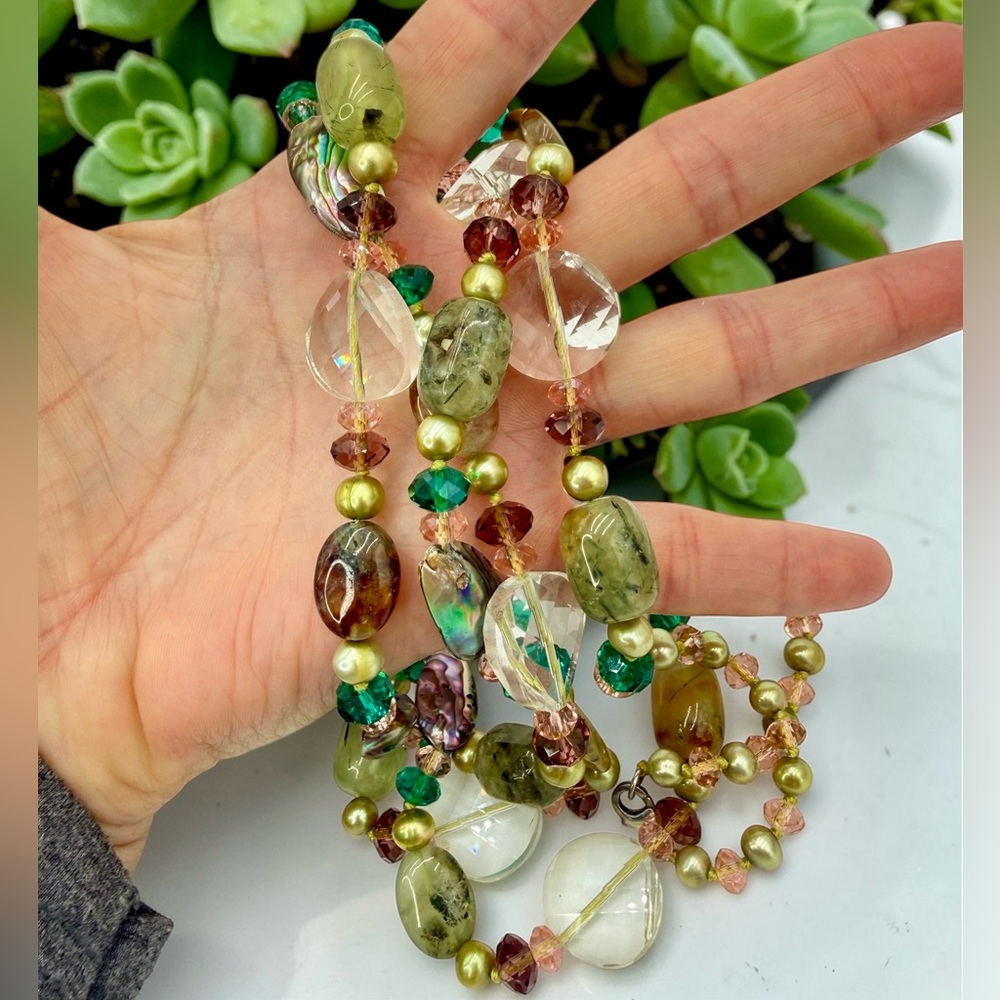 One Of A Kind Artisan Abalone Moss Agate Quartz Pearl 40” Necklace 925 Gemstone - Picture 17 of 17